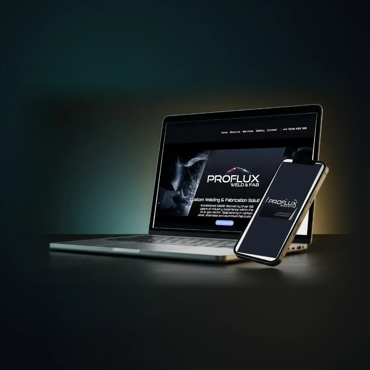 The Proflux Weld & Fab homepage displayed on laptop and mobile