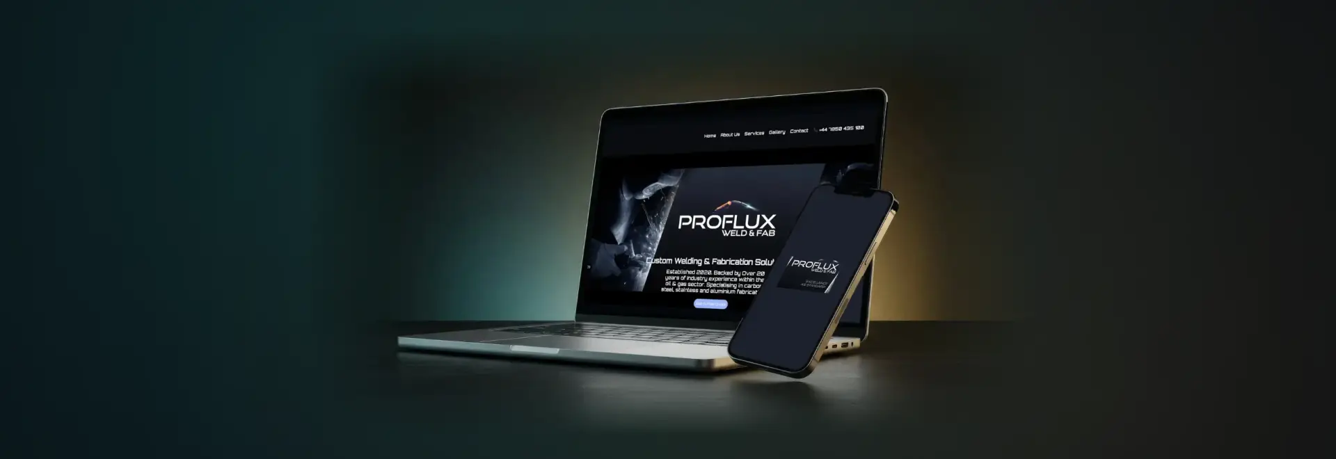 Proflux Weld & Fab website shown on a laptop and phone, designed and built by AHS