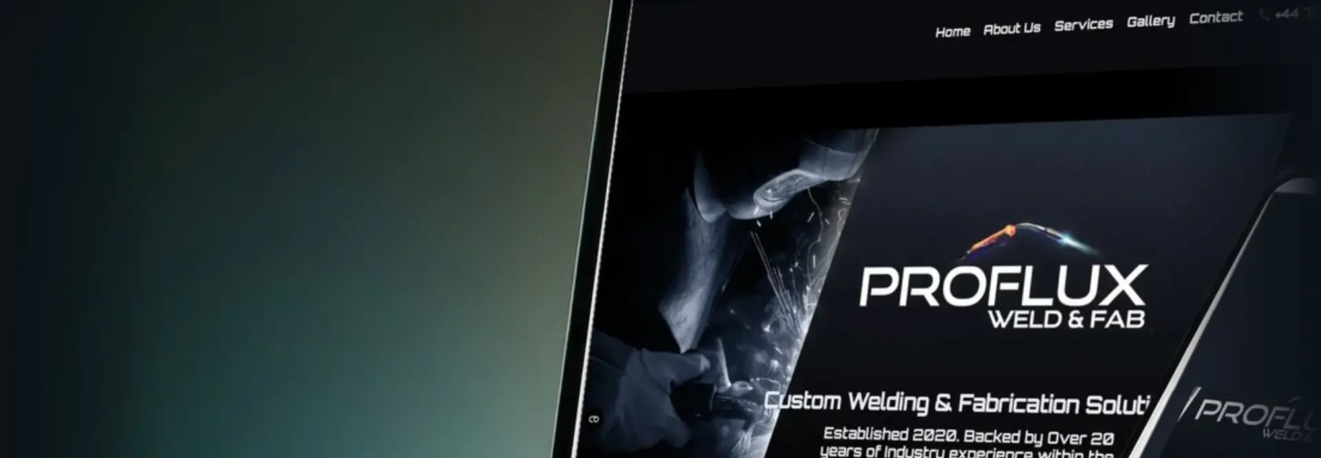 Close-up of the finished Proflux Weld & Fab homepage showing the navigation and hero section